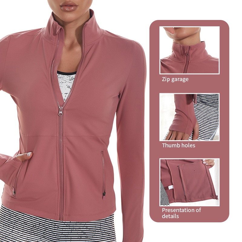 Pink Women Athletic Sport Shirts Slim Fit Long Sleeved Fitness Coat Yoga Crop Top With Thumb Holes Gym Jacket Workout Sweatshirt