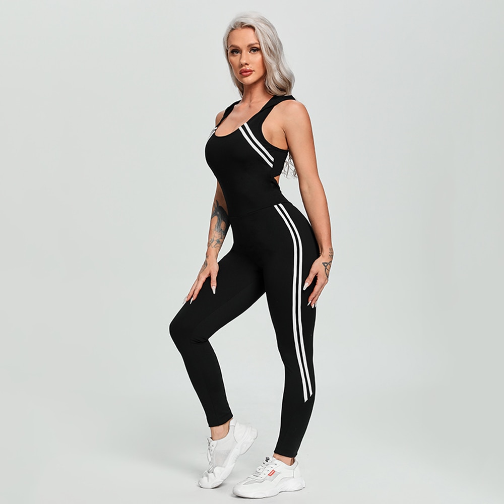 Women Yoga Gym Sportswear Sexy Hollow Backless Tracksuit Fitness Slim Sport Sets with Hat White Black Workout Jumpsuit With Pad