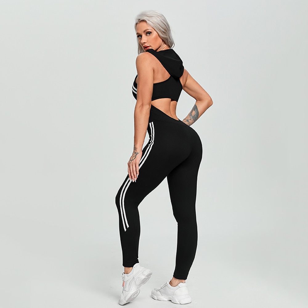 Women Yoga Gym Sportswear Sexy Hollow Backless Tracksuit Fitness Slim Sport Sets with Hat White Black Workout Jumpsuit With Pad